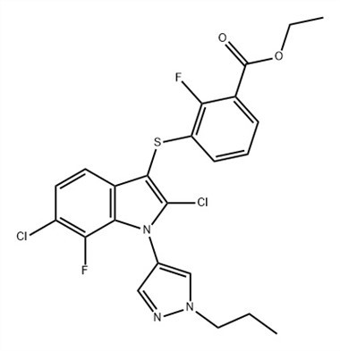 Bensoesyra, 3-[[2,6-diklor-7-fluoro-1-(1-propyl-1H-pyrazol-4-yl )-1H-indol-3-yl]tio]-2-fluoro-, etylester (ACI) CAS-nr: 1782070-79-4