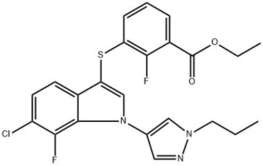 Bensoesyra, 3-[[6-klor-7-fluor-1-(1-propyl-1H-pyrazol-4-yl){ {8}}H-indol-3-yl]tio]-2-fluoro-, etylester (ACI) CAS-nr: 1782070-73-8